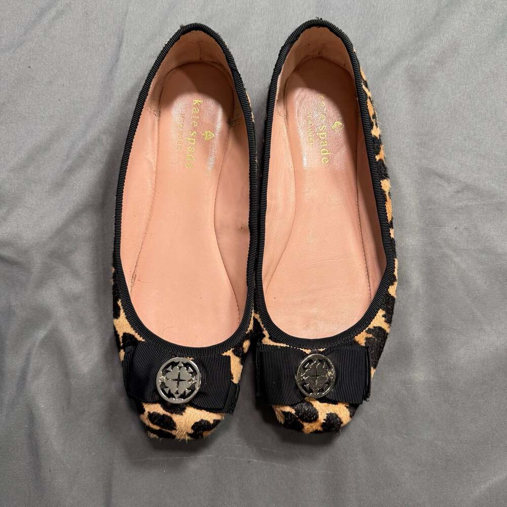 Kate Spade New York Fontana Too Leopard Calf Hair Flats with Bow and Logo Emblem